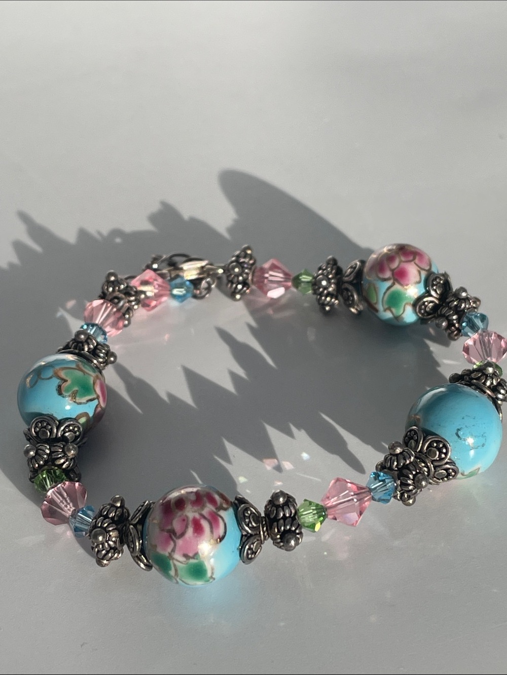 Turquoise Floral Bracelet Pink & Aqua Glass Beads & crystals lobster clasp & ext